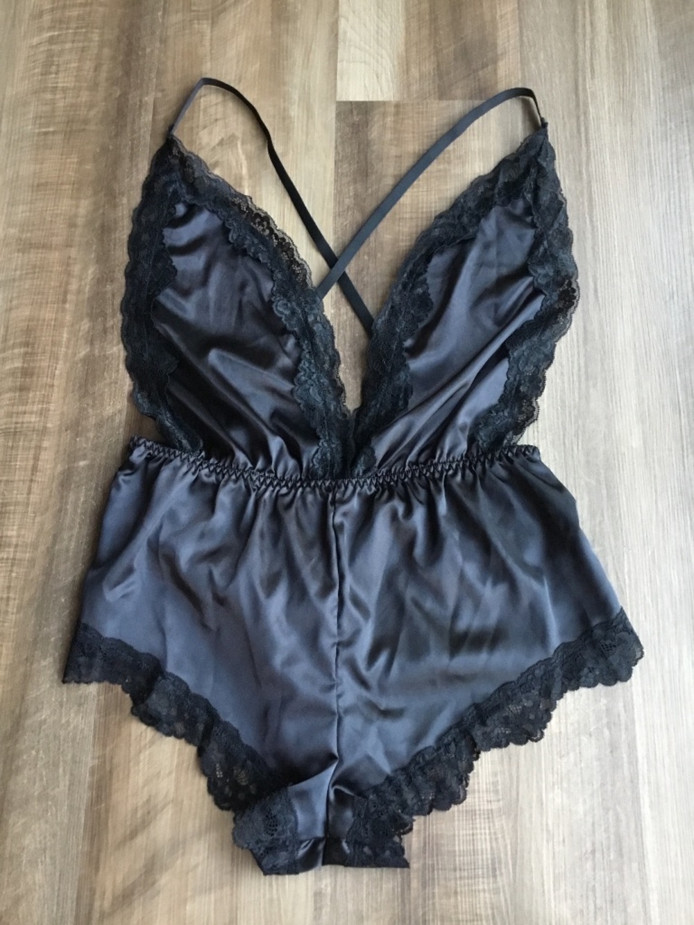 Black Satin Lace Trim Lingerie Romper Pajama